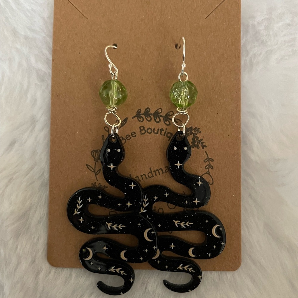 Slytherin inspired Handmade Black Snake Earrings with Green Beads